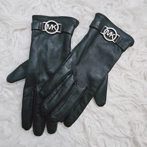 Michael Kors Black Leather Silver Logo Fleece Lined Gloves | Petite